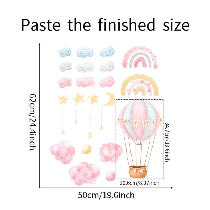 Väggdekor luftballong med regnbågar och moln