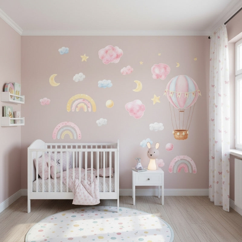 Väggdekor luftballong med regnbågar och moln