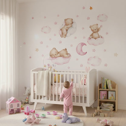 Väggdekor med rosa moln och björnar
