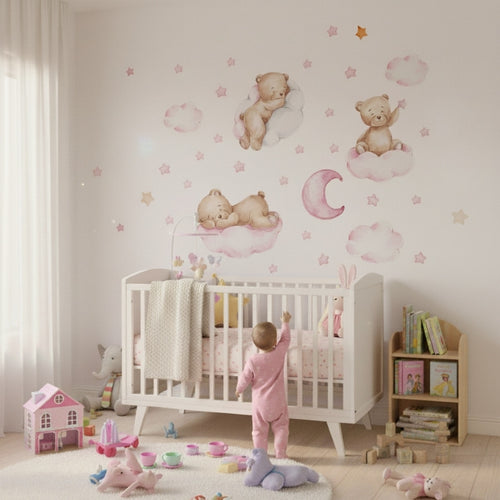 Väggdekor med rosa moln och björnar