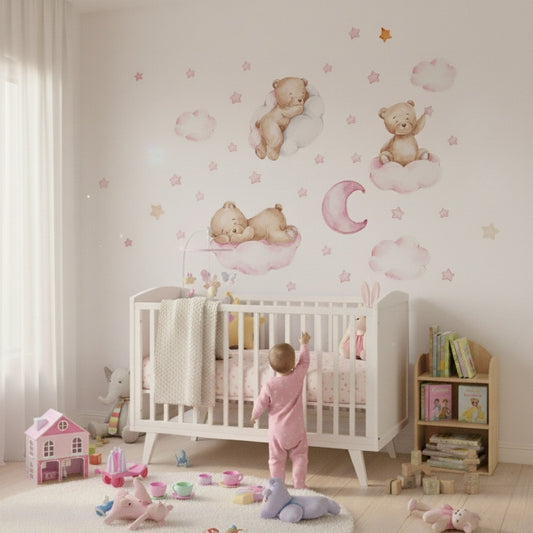 Väggdekor med rosa moln och björnar